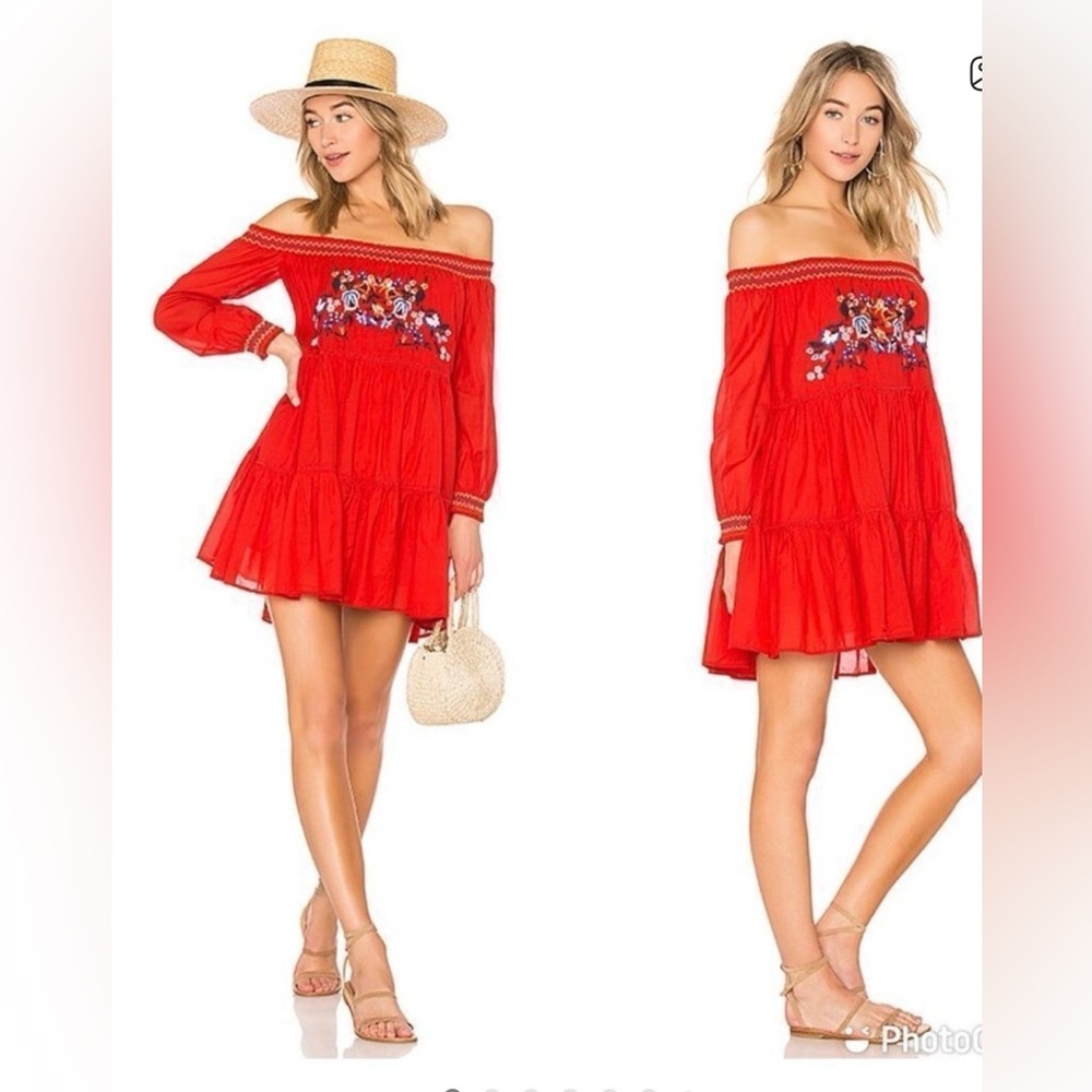 Free People Sunbeams A-Line Embroidered Dress Red  Womens Size S